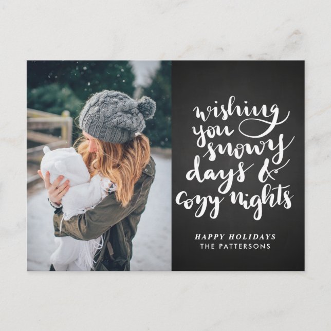 Cartão Postal De Festividades Snowy Days Cozy Nights Script | Foto do quadro (Frente)