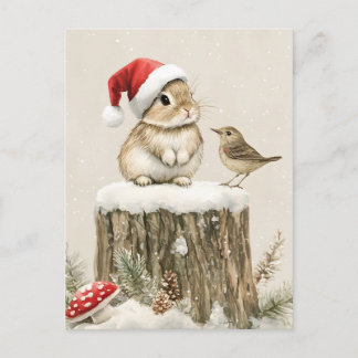 Cartão Postal De Festividades Snowy Forest Winter Woodland Christmas Bunny Bird