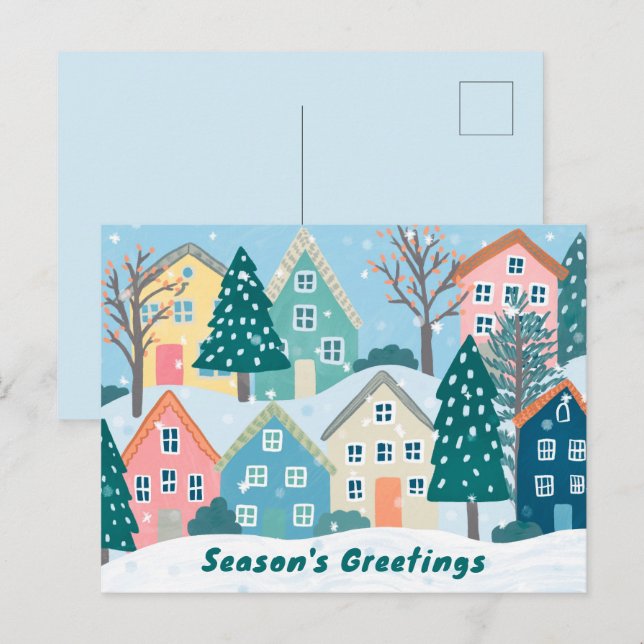 Cartão Postal De Festividades Snowy Village Illustration Cute Season's Greetings (Frente/Verso)