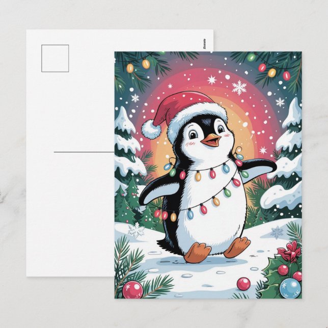 Cartão Postal De Festividades Snowy Winter Cute Penguin in Santa Hat Christmas   (Frente/Verso)