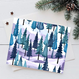 Cartão Postal De Festividades Snowy Winter Forest | Púrpura Aquarela de Natal