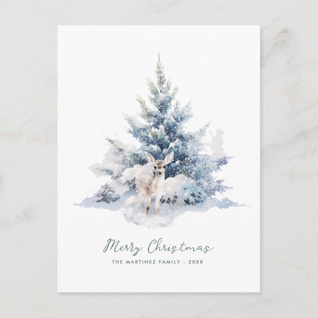Cartão Postal De Festividades Snowy Woodland Pine Deer Felry Natal (Frente)