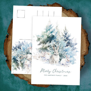 Cartão Postal De Festividades Snowy Woodland Pine Rabbit Feliz Natal