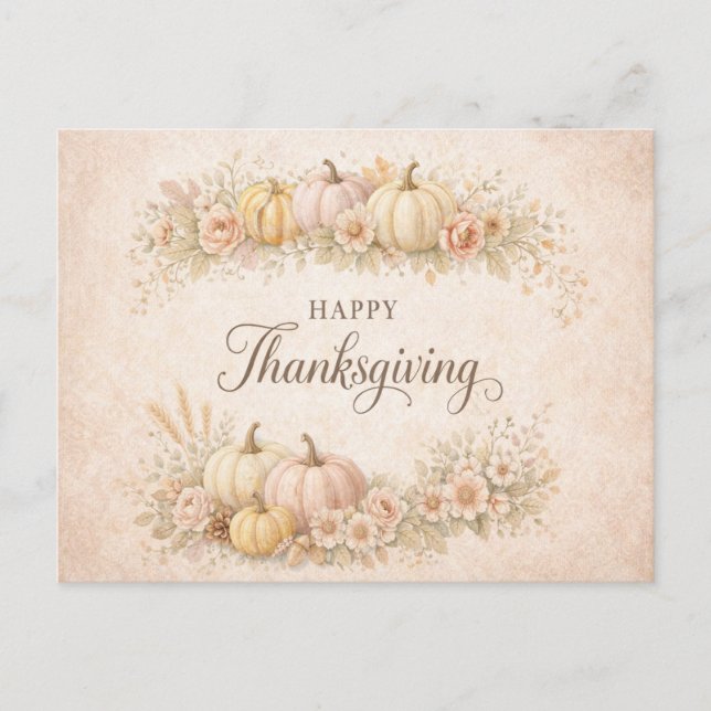 Cartão Postal De Festividades Soft Blush Floral Happy Thanksgiving Pumpkin  (Frente)
