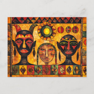 Cartão Postal De Festividades Sol e máscaras africanas na pintura tribal