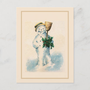 Cartão Postal De Festividades Sorrindo Natais vintages de Snowman Holly Broom
