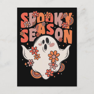 Cartão Postal De Festividades Spooky Season Groovy Ghost Com Flores Vintage Ho