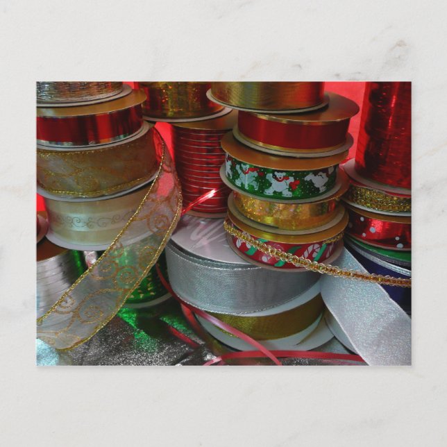 Cartão Postal De Festividades Spools de Férias de Natal Vermelho e Dourado (Frente)