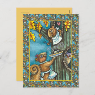CARTÃO POSTAL DE FESTIVIDADES SQUIRRELS E OBRIGAÇÃO DE OWL, PEDAÇO DE ACORNA HOM