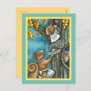 CARTÃO POSTAL DE FESTIVIDADES SQUIRRELS E OBRIGAÇÃO DE OWL, PEDAÇO DE ACORNA HOM