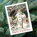 Cartão Postal De Festividades Sr. Snowman e Sr. Crow<br><div class="desc">Esta imagem deslumbrante do postal alemão ilustra um corvo a visitar um boneco de neve rodeado por uma paisagem de inverno. A simplicidade e as cores resultam em uma bela imagem atraente. É perfeito para todas as suas necessidades de Natal e feriados.</div>