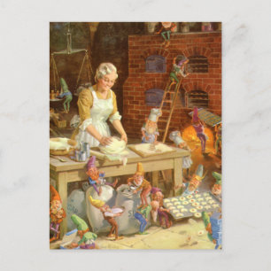 Cartão Postal De Festividades Sra. Claus Assar Biscoito com duendes do papai