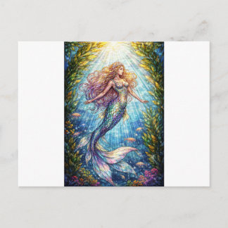 Cartão Postal De Festividades Stained-Glass Mermaid: A mermaid Holiday Postcard