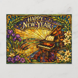 Cartão Postal De Festividades Stained Glass Piano Floral New Year