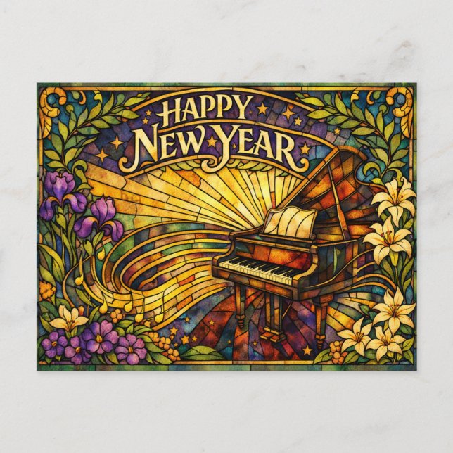 Cartão Postal De Festividades Stained Glass Piano Floral New Year (Frente)