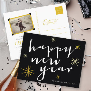 Cartão Postal De Festividades Starburst Dourado do Chic Script Moderno do feliz 