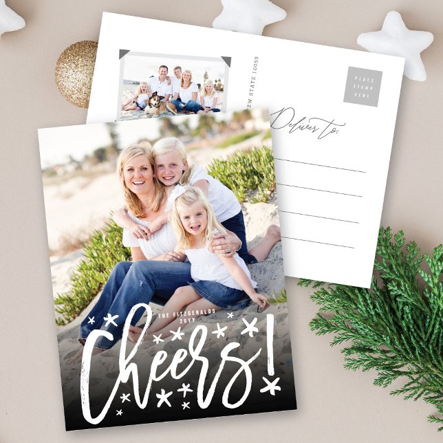 Cartão Postal De Festividades Starry Cheers Brush Script Modern New Year Foto (Criador carregado)