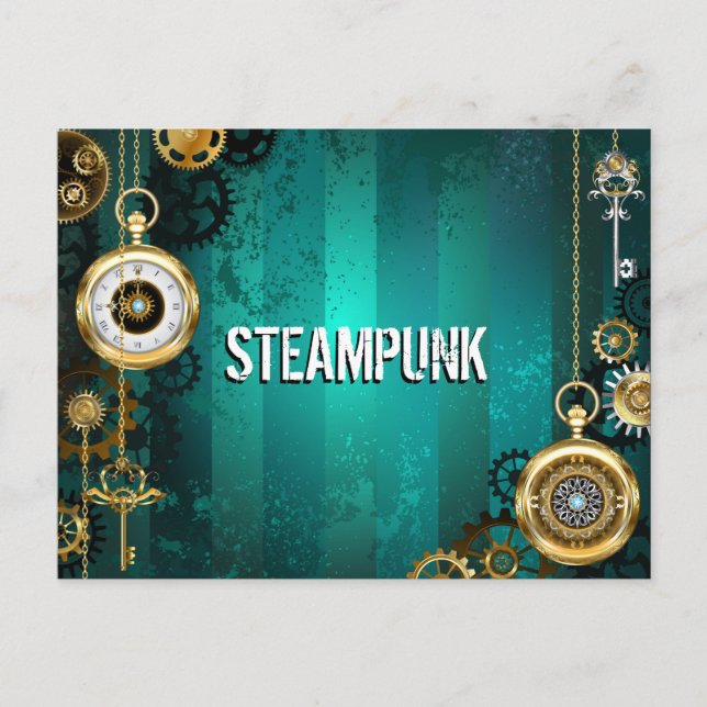 Cartão Postal De Festividades Steampunk Jewelry Watch em um fundo verde (Frente)