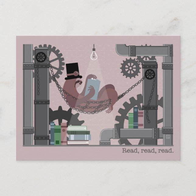 Cartão Postal De Festividades Steampunk Sloth Reading Postcards (Frente)