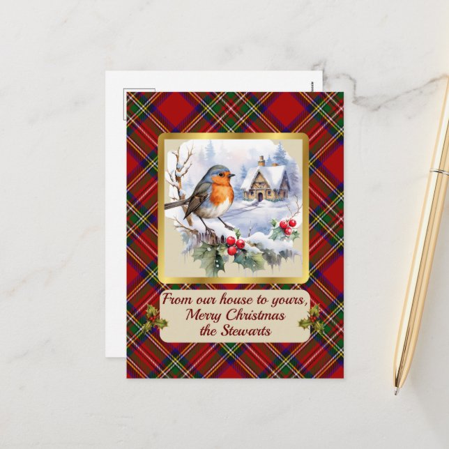 Cartão Postal De Festividades Stewart Crest & Tartan w/Robin (Frente/Verso In Situ)