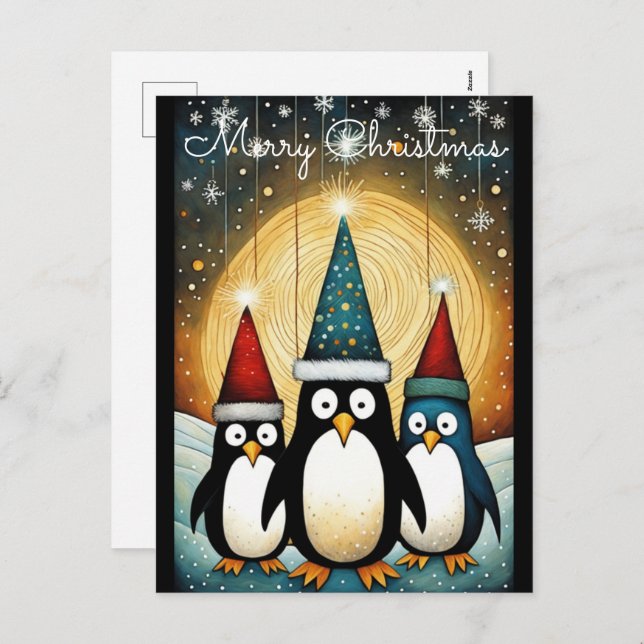 Cartão Postal De Festividades String Light Moon Papais noeis Pinguim Natal (Frente/Verso)