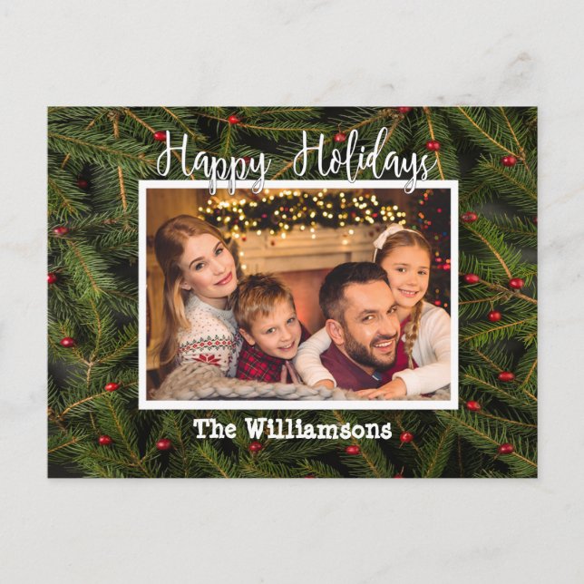 Cartão Postal De Festividades Sua foto em uma cama de pine Happy Holidays (Frente)