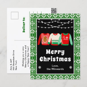 Cartão Postal De Festividades Suéteres Feios de Natal Verde Feliz Natal