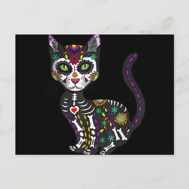 Cartão Postal De Festividades Sugar Skull Mexican Cat Halloween Day Of The Dead (Frente)