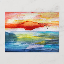 Cartão Postal De Festividades Sunset Over Sea em Watercolor Style