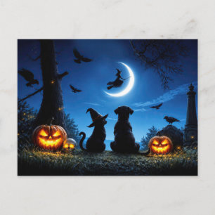 Cartão Postal De Festividades Super Fofo Halloween Cachorro e Gato Bruxos