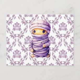 Cartão Postal De Festividades Super Fofo Roxo e Branco Múmia Damasko Halloween