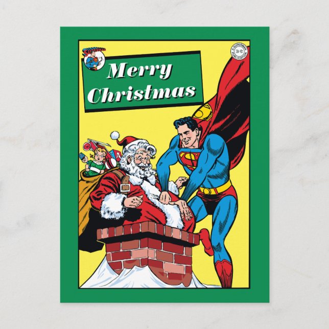 Cartão Postal De Festividades Super-Homem Ajudando Papai Noel Na Chaminé (Frente)