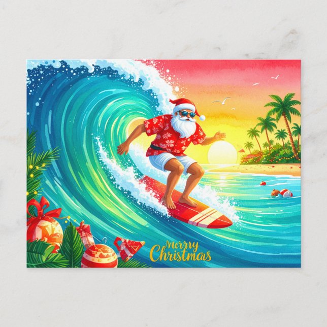 Cartão Postal De Festividades Surfing Christmas with Santa Claus (Frente)