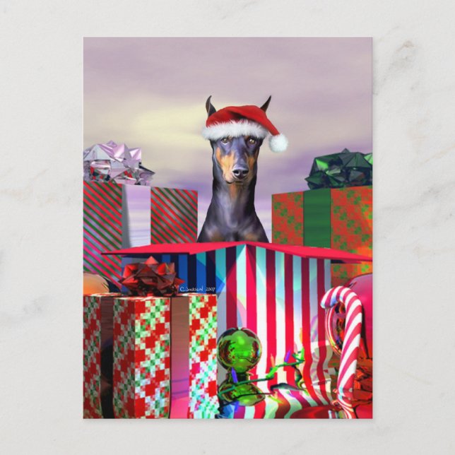 Cartão Postal De Festividades Surpresa de Natal Doberman (Frente)