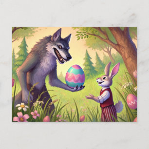 Cartão Postal De Festividades Surpresa páscoa - Presente do Lobo no Coelhinho