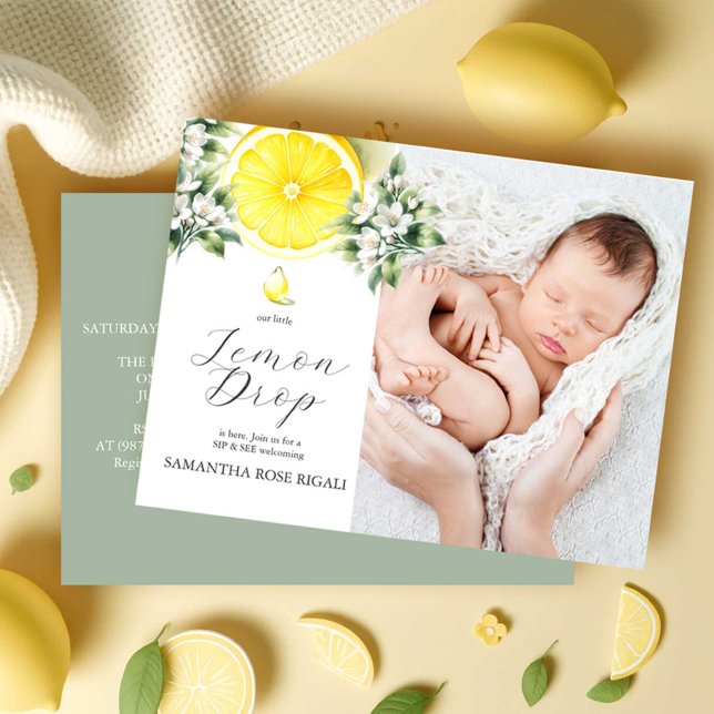 Cartão Postal De Festividades Suspensão de Limão Sip e Consulte (Sip and see baby shower invitations watercolor lemon theme with photo by Victoria Grigaliunas)