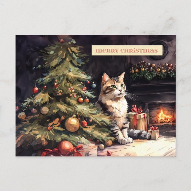 Cartão Postal De Festividades Süße Katze unterm Weihnachtsbaum (Frente)