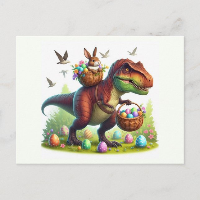 Cartão Postal De Festividades T-Rex com coelho da Páscoa (Frente)