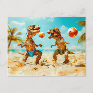 Cartão Postal De Festividades T-Rexes Tocando Bola na Praia