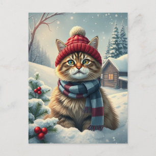 Cartão Postal De Festividades Tabby Cat em Preppy Winter Attyre and Hat Winter