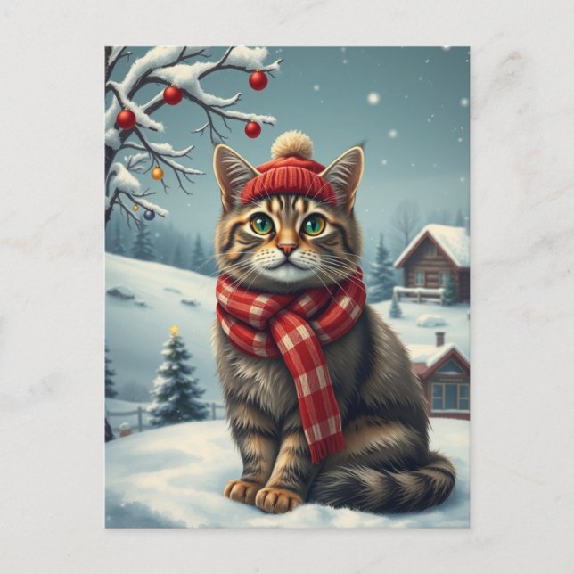 Cartão Postal De Festividades Tabby Cat em Preppy Winter Attyre and Hat Winter (Frente)