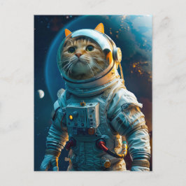 Cartão Postal De Festividades Tabby cat in astronaut suit near Earth