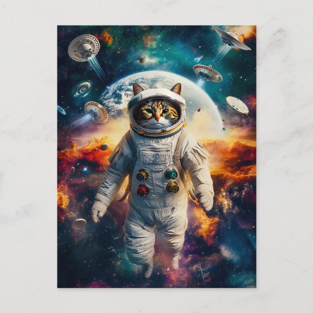 Cartão Postal De Festividades Tabby cat with Earth behind (Frente)
