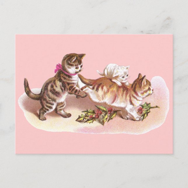 Cartão Postal De Festividades Tabby Cats & Holly Victorian Christmas (Frente)
