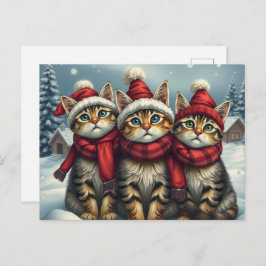 Cartão Postal De Festividades Tabby Cats no Pirife de inverno e Chapéu de invern