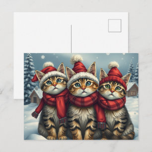 Cartão Postal De Festividades Tabby Cats no Pirife de inverno e Chapéu de invern