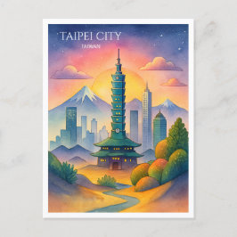 Cartão Postal De Festividades Taipei Cidade de Taiwan Skyline Watercolor