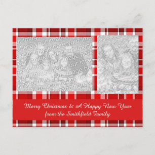 Cartão Postal De Festividades Tartan da Xadrez branca vermelha