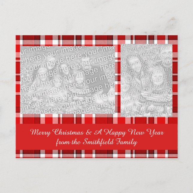 Cartão Postal De Festividades Tartan da Xadrez branca vermelha (Frente)