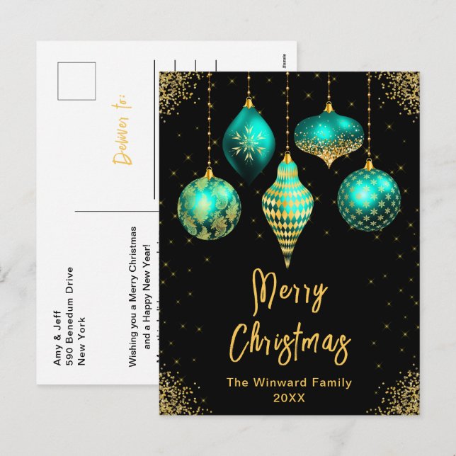 Cartão Postal De Festividades Teal and Gold Ornaments Merry Christmas (Frente/Verso)